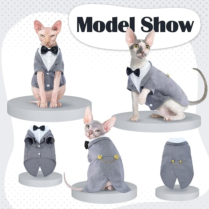 QBLEEV Cat Tuxedo Outfit, Formal Cat Suit Costume with Bow Tie, Sphynx Hairless Clothes for Cats Only, Kitten Wedding Birthday Party Attire Apparel for Male Boy, Cute Small Pet Gentleman Formal Wear