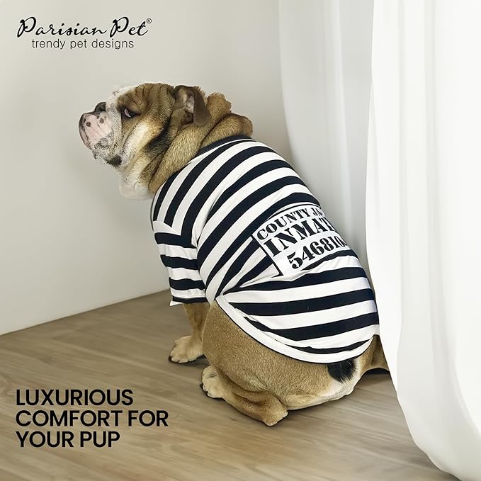 Parisian Pet Prisoner Dog Costume - 100% Cotton Striped Dog Clothes for Small Dogs - Lightweight Puppy Outfits - Funny Chihuahua Clothes - Sleeved Shirt for Dogs - Stretchy and Stylish Pet Costume
