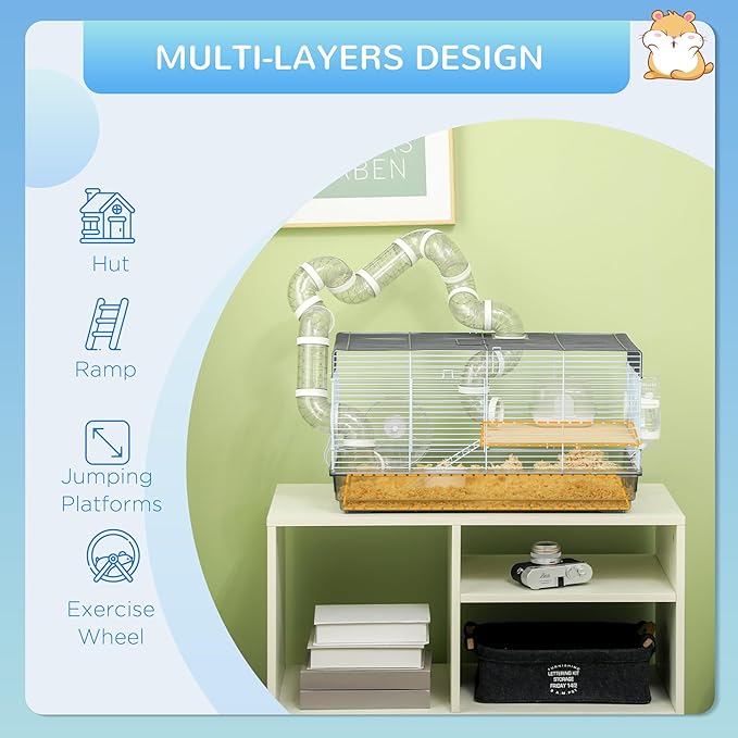 Hamster Cage Kit - Fun & Interactive Cage Measures - Pet Cage with Running Wheel & Ramp & Food Dish - Large Hamster Habitats