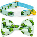Sage Dinosaur Cat Collar Bow Tie with Bell, Breakaway Safety Cat Collar, Wedding/Birthday Cat Accessories