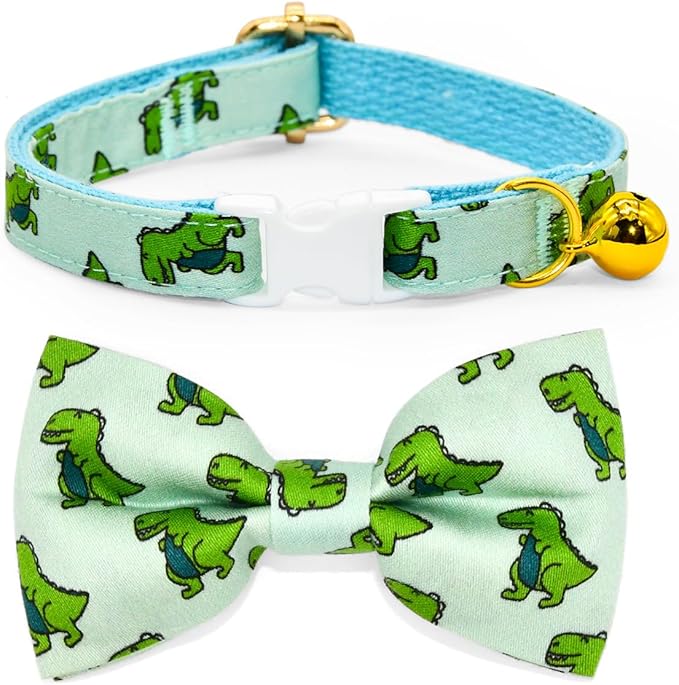 Sage Dinosaur Cat Collar Bow Tie with Bell, Breakaway Safety Cat Collar, Wedding/Birthday Cat Accessories