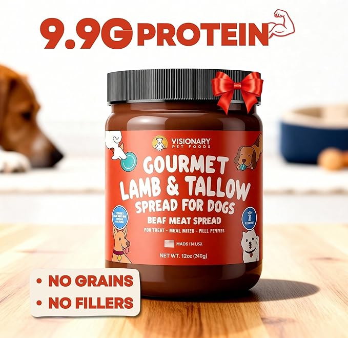 Visionary Pet Foods Lamb and Tallow Meat Spread - Healthy Dog Treat - Alternative to Dog Peanut Butter, Xylitol Free, No Sugar and Filler Free - Use on Lick Mat, Food Mixer, Pill Pockets - 12oz Jar