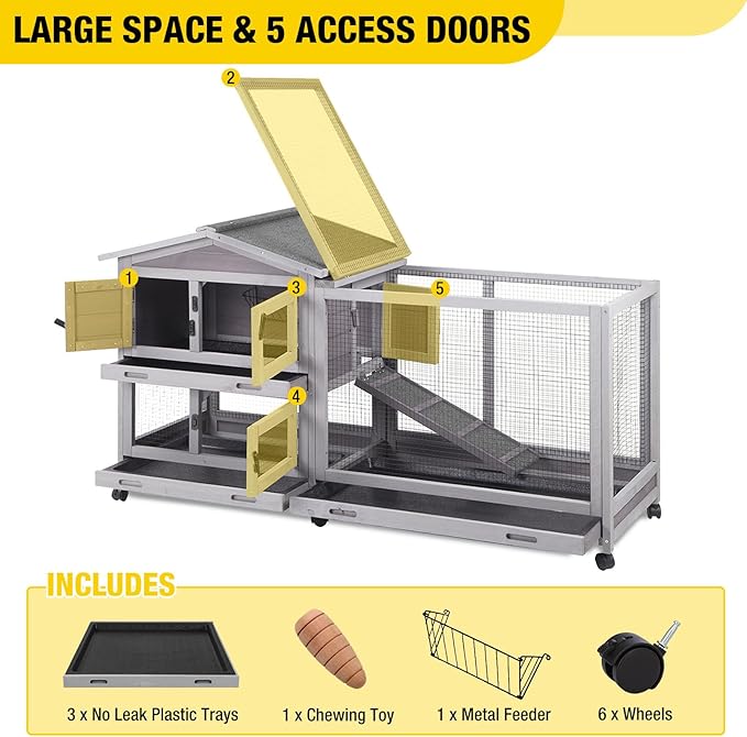 Aivituvin Rabbit Hutch Indoor 2 Story Bunny Cage Outdoor Guinea Pig Cage with Caster Wheels Chicken Coop with Run, 3 Pull Out Tray