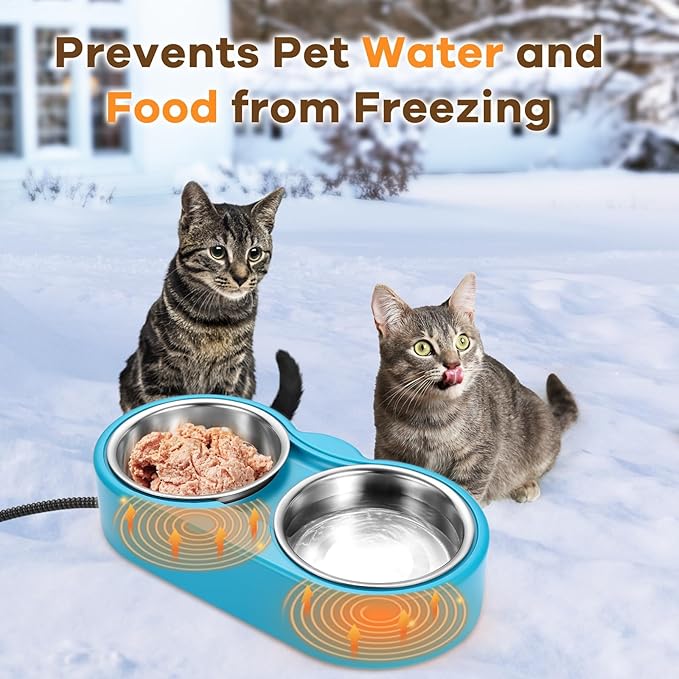 Heated Cat Bowl – Double Removable Stainless Steel Bowls, Freeze-Proof Water & Food, Overheat Protected, Chew-Resistant Cord, UL Listed