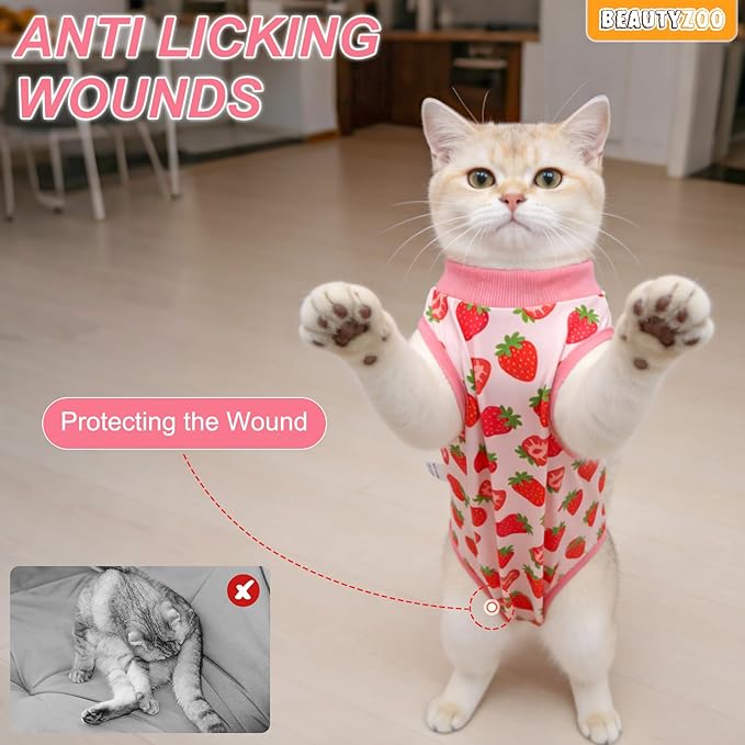 BEAUTYZOO 2 Pack Cat Recovery Suit, Cat Onesie for Cats After Surgery Female Male, Kitten Spay Neuter Surgical Recovery Body Suit Cone of Shame Alternative, Anti Lick Pet Anxiety Vest,Strawberry,M