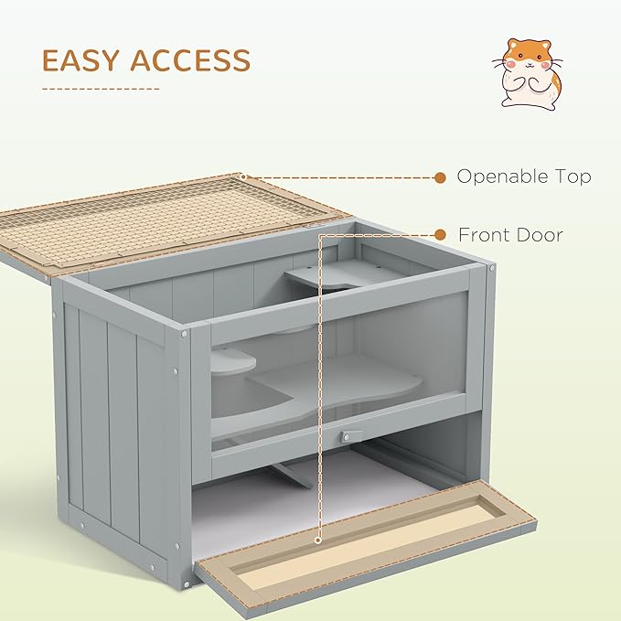 PawHut 2-Level Hamster Cage Mice and Rat House, Small Animal Habitat for Chinchillas with Openable Top, Front Door, Shelf and Ladder, Gray