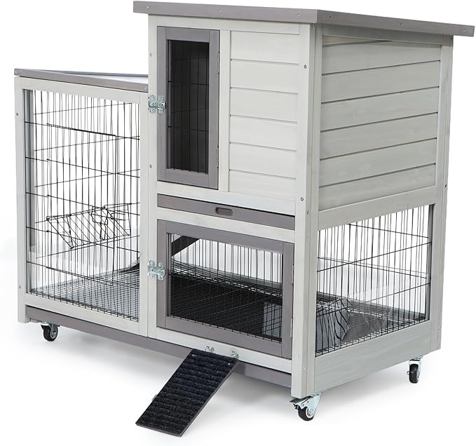 FunXplore 2-Tier Rabbit Hutch, Indoor & Outdoor Mobile Bunny Cage with Urine Guards, Weatherproof Asphalt Roof, 2 Pull Out Trays, Sturdy Small Animal Cage for Guinea Pig