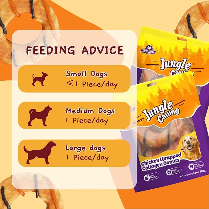 Jungle Calling Dog Treats, Long Lasting Collagen Chews for Dogs, Chicken Wrapped Collagen Donuts, High Protein Rawhide Alternative Chewy Snacks for Medium and Large Dogs (4 Count)