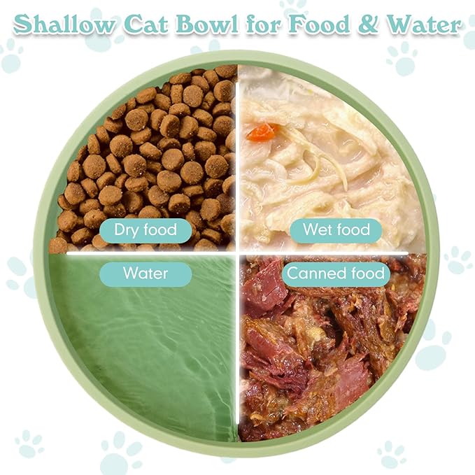 Silicone Dog Bowl Shallow Cat Food Bowls 7in Flat Puppy Plates Cute Whisker Fatigue Pet Feeding Dishes Set of 2 for Dry and Wet Food Indoor (Round Bean Green)