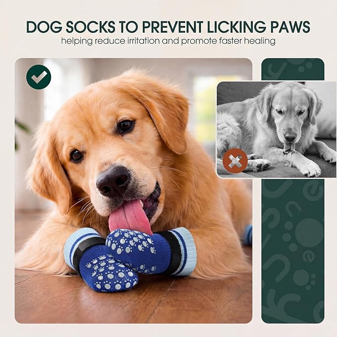 Kuoser Dog Socks, Non-Slip Dog Grip Sock for Hardwood Floors, No Twist Dog Boots & Paw Protectors 4 Pcs Anti-Scratch Hot Pavement Winter Snow Socks for Small Medium Large Senior Dogs, Blue XL