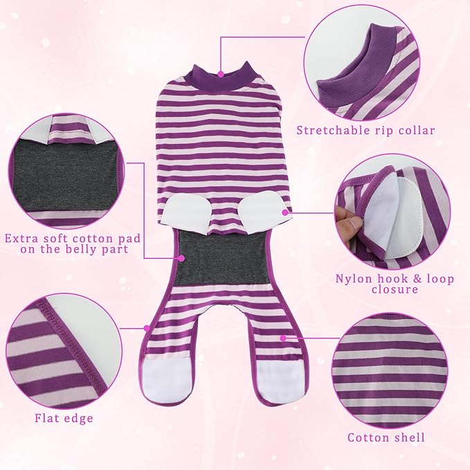 2 Packs Breathable Cotton Dog Recovery Suit for After Neuter Spay Abdominal Wounds Protector, Professional Anti-Licking Onesies for Male Female Pets Surgery Bandages, XL Purple & Pink Stripes