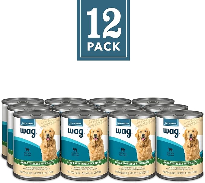 Amazon Brand - Wag Wet Dog Food Stew, Lamb & Vegetable Cuts in Gravy, Made with Natural Ingredients, 13.2 Ounce Cans (Pack of 12)
