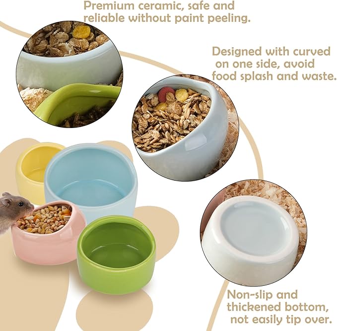 VanEnjoy 4 Pack Medium Hamster Food Bowl Ceramic Guinea Pig Food Dish No Spill Hamster Food and Water Bowl Small Animal Food Bowl for Chinchilla Hedgehog Hamster Gerbil - Pink Blue Yellow and Green