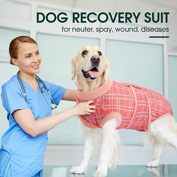 Kuoser Dog Recovery Suit for Female Male Dogs, Post-Surgery Bodysuit for Spay Neuter, Dog Onesie After Surgery, Anti-Licking Pet Surgical Recovery Suit, Pink XL