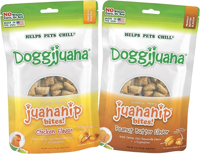 Doggijuana Treats for Dogs with Catnip, Chamomile & L-Tryptophan – Crunchy Reward Bites with Calming Botanicals – Low Calorie Natural Training Treats, 6 oz (Chicken & Peanut Butter 2 Pack)