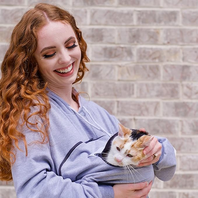 ALYC Unisex Hoodies Pet Holder Cat Dog Large Pouch Carriers Pullover with Cat Printing Sweatshirt (Light Grey-L)