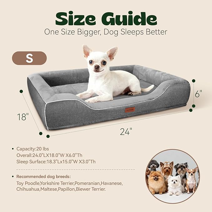 Orthopedic Dog Bed for Small Dogs,Cooling Gel Memory Foam Pet Sofa with Removable Washable Cover,Egg Crate Foam Bolster,Waterproof,Joint Pain Relief,24"x18"x6",Dark Grey