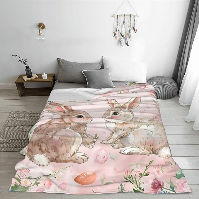 Cute Rabbit Blanket Bunny Flower Decor Pink Throw Blanket Gifts for Girls Boys Rabbit Lover Couch Bedding Super Warm Soft Plush Lightweight Fleece Flannel Blanket for Kids Adults Men Women 80"X60"