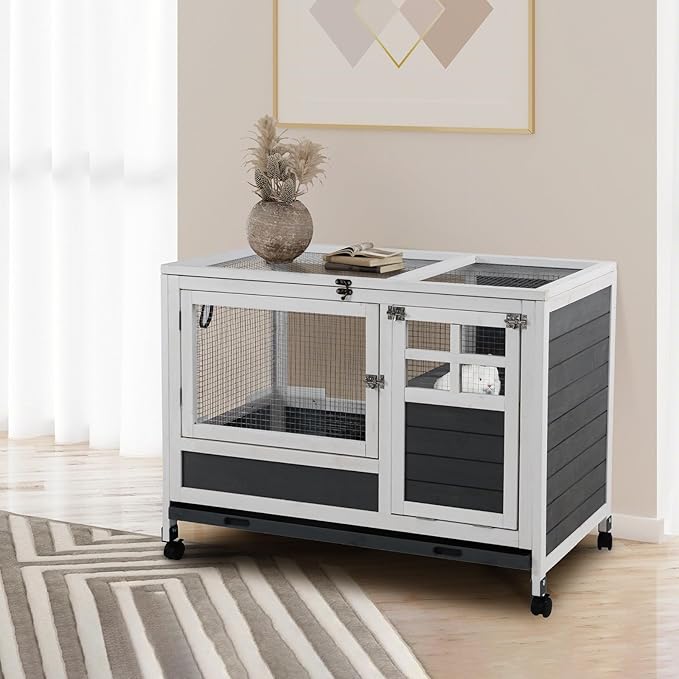 Rabbit Hutch Indoor with Chew-Proof Ramp & Leak-Proof Trays Urine Guards/Netting Floor,Doors.37 Wooden Rabbit Cage with Wheels for Rabbits, Guinea Pigs Small Animal