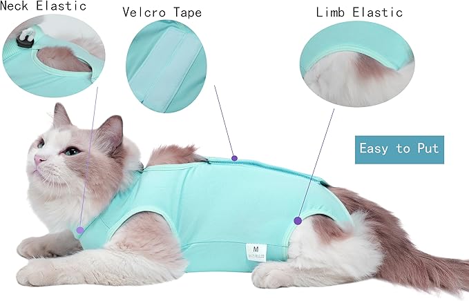 Cat Recovery Suit Female Kitten Onesie for Cats After Surgery Female Spay Surgical Abdominal Wound Skin Diseases Cone Collar Soft Alternative Wear (Green, L)