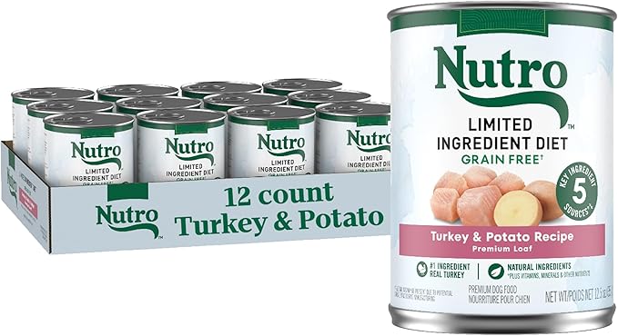 Nutro Limited Ingredient Diet Adult Canned Dog Food, Grain Free Wet Dog Food Cans Premium Loaf Turkey & Potato Recipe, 12.5 oz. (12 Count)