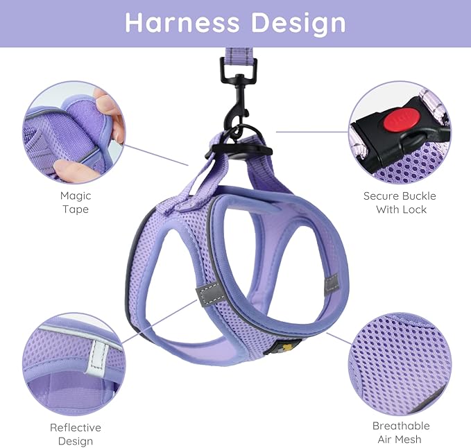 BELLA & PAL Step in Vest Harness for Small and Medium Dogs, No Pull Small Dog Harness with Leash Set, Comfortable Air Mesh Puppy Vest Harness with Reflective Strip (Lavender, XS)