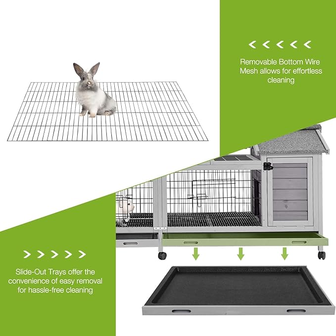 GUTINNEEN Rabbit Hutch Outdoor with Run, Bunny Cage on Wheels, 10.4 ft² Guinea Pig House, No-Leak Pull-Out Trays