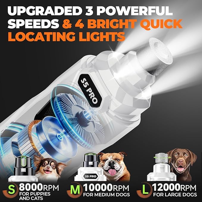 Whisper Quiet Dog Nail Grinder with LED Light, Safe & Stress-Free for Sensitive Dogs of All Breeds & Sizes, 3 Grinding Bits, 3-Speed, Pet Nail Trimmers, Rechargeable Painless Grooming Kit White