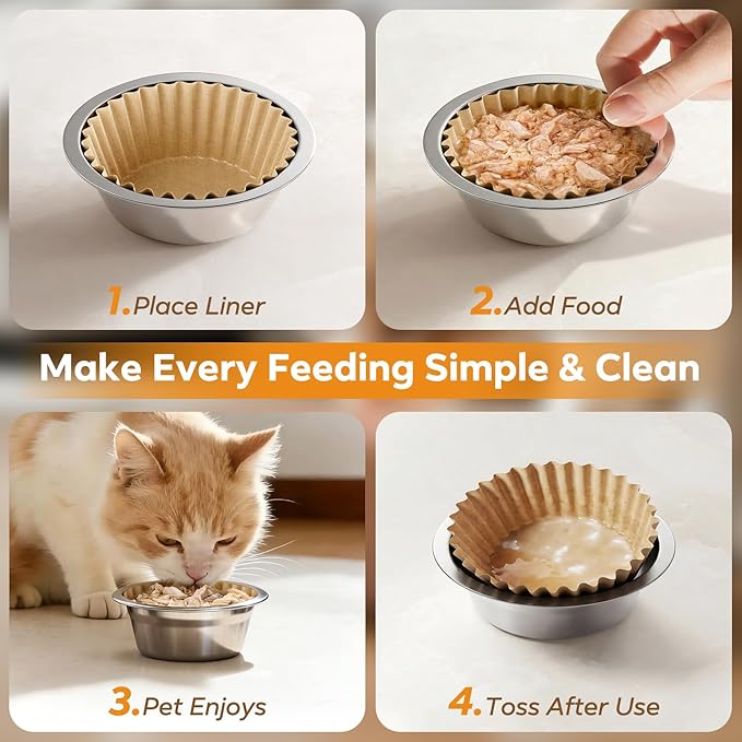 300 Pcs Disposable Pet Food Bowl Liners Bulk, Small Paper Cat Dishes, Dog Feeding Plate for Dry and Wet Food, Animal Feeding Station, Leak-Resistant Meal Mats, Brown, 4 x 1.2 Inch
