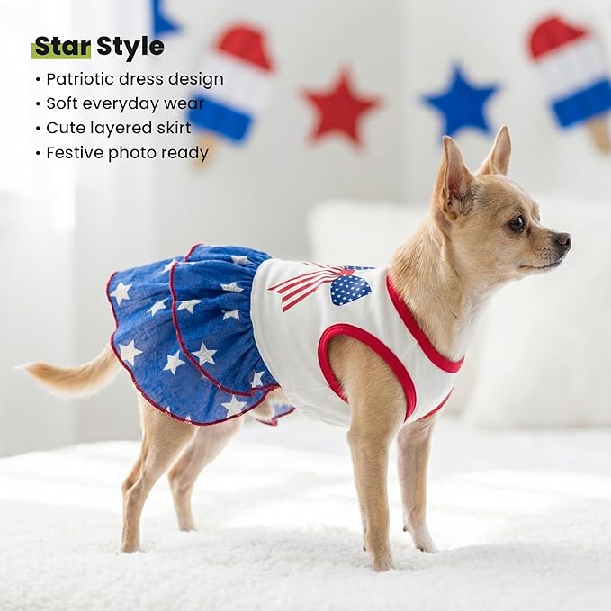 Fitwarm Patriotic Bowknot Tiered Ruffle Dog Dress, 4th of July Clothes for Small Dogs Girl, Pet Outfit, Royal Blue, Red, White, XXS