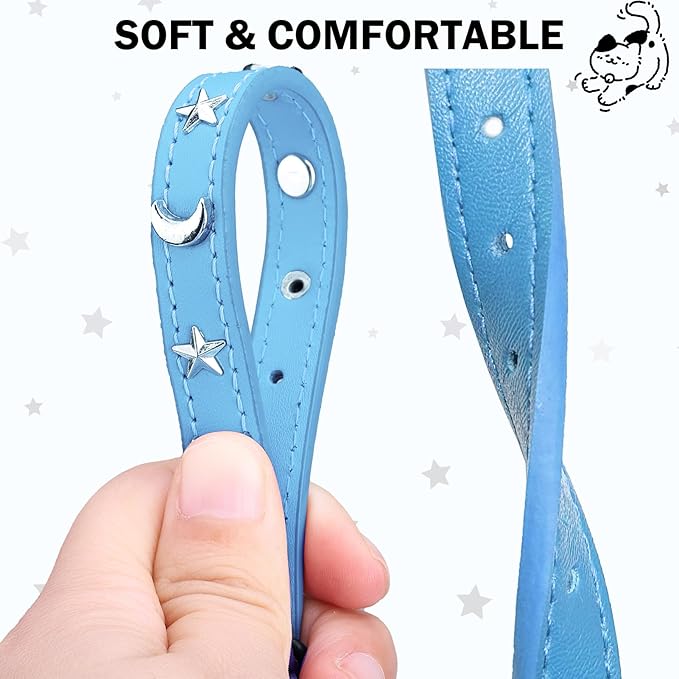 Leather Cat Collars for Boy Girl Cats with Bell and Safety Elastic Belt, Personalized Star and Moon Stud Adjustable Safe Buckle Collar for Kitty Small Big Cats Size 8-12 Inch, Light Blue