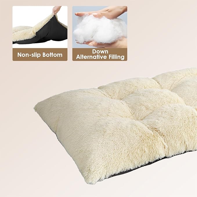 EHEYCIGA Fluffy Dog Crate Bed for Large Dogs, Plush Faux Fur Crate Pad, Calming Anti Anxiety Large Dog Bed, Washable Soft Warm Mat with Non-Slip Bottom, Ivory Beige