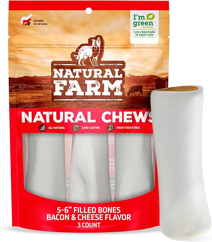 Natural Farm Filled Dog Bones, Bacon & Cheese Flavor (5-6 Inch, 3 Pack), Limited Ingredient Stuffed Dental Dog Bone Treats for Large Dogs