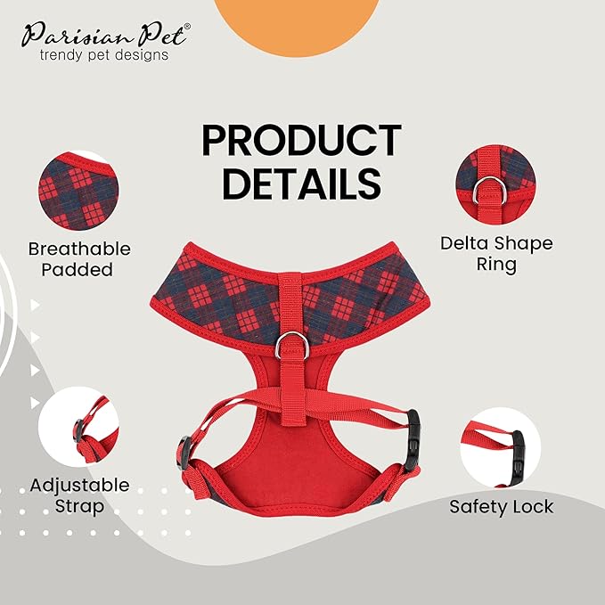 Parisian Pet Red Plaid Dog Harness - Breathable No Pull Puppy Harness with Leash Ring - Adjustable Harnesses for Dogs - Soft Padded Step-in Pet Vest - Lightweight Dog Vests for Medium Sized Dogs