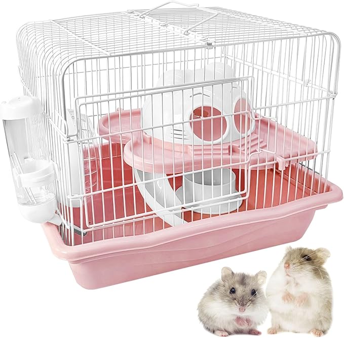 PINVNBY Dwarf Hamster Cage, Small Animal Cages, 2-Tier Travel Portable Mouse Cage Hamster Carrier with Castle House Running Exercise Wheels, Water Bottle and Food Dish（Pink）