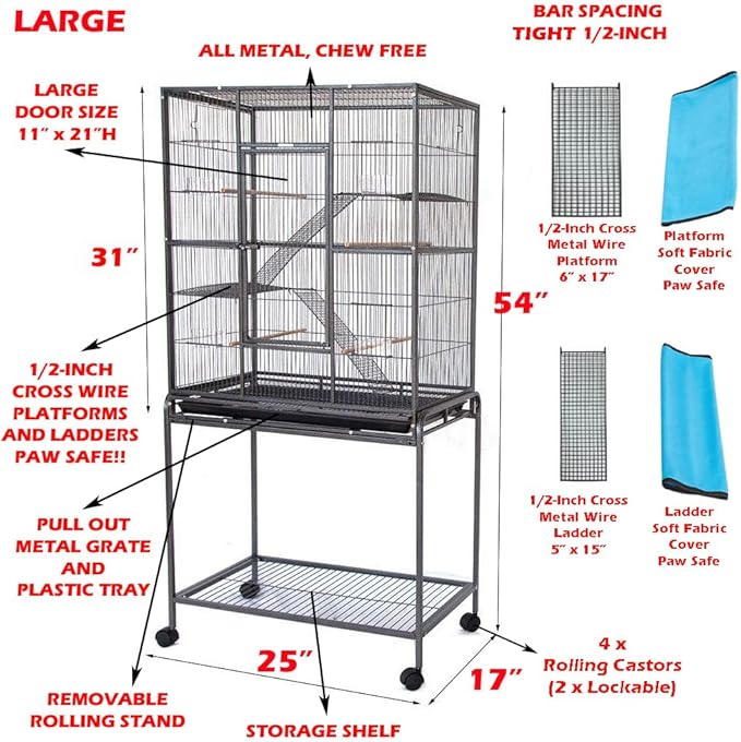 54" Large Wrought Iron Chew Proof 4-Level Tight 1/2-inch Wire Spacing Ferret Chinchilla Sugar Glider Rats Mices Rabbit Squirrel Hamster Cage with Removable Rolling Stand