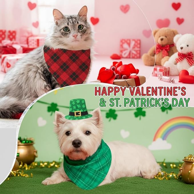 Shyyween 100 Pcs St. Patrick's & Mother's Day Dog Bandanas Bulk Red & Green Plaid Bandanas for Dogs Soft Triangle Bibs Adjustable Scarf for Small Medium Large Pets(25.6 x 17.7 x 17.7 Inch)