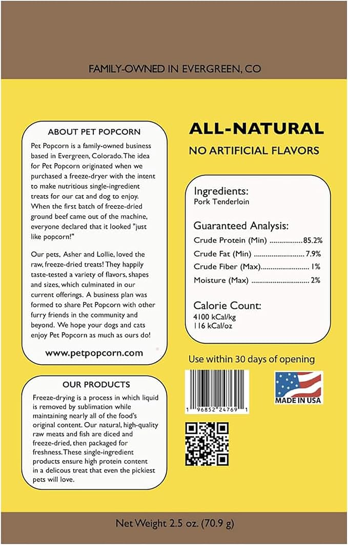Freeze-Dried Raw Treats - Pork Tenderloin - 2.5oz Bag, Dog & Cat Snacks, Single Ingredient, Natural, Pet Food Topper, Protein‑Packed Meat