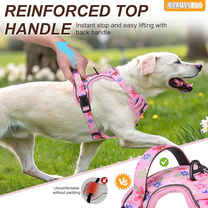 BEAUTYZOO No Pull Dog Harness and Leash Set with 2 Metal Leash Clips - Overhead-Free 3 Snap Buckles Design, Adjustable No-Choke Soft Padded Reflective Oxford Pet Vest for Small Medium Large Dogs, XL