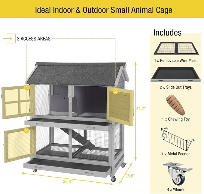 Aivituvin [Upgrade Version] Rabbit Hutch Bunny Hutch, Rabbit Cage with Two No Leak Trays, Indoor & Outdoor Waterproof Cage for Bunny, Upgraded Bottom Wire Netting,Grey,Large, Camel