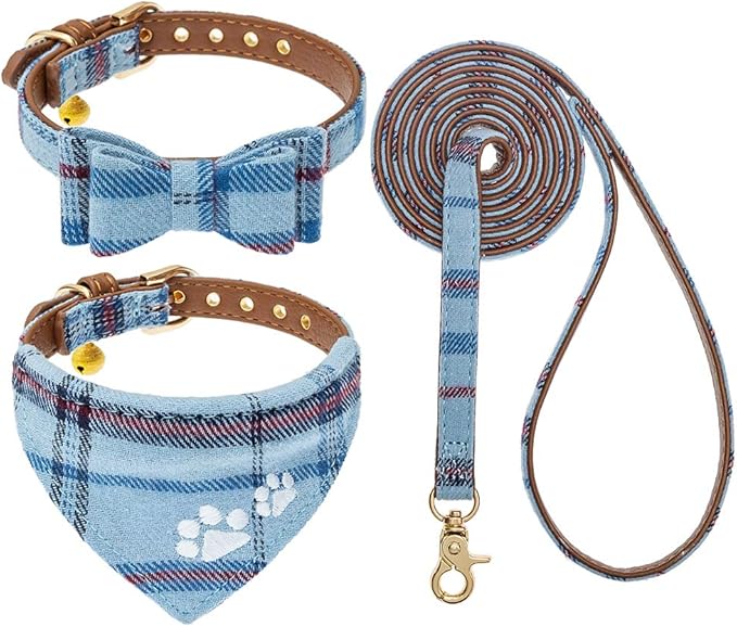 EXPAWLORER Dog Collar and Leash Set - Pawprint Plaid Collar with Bow Tie and Bell, Cute for Dogs and Cats, Blue S-M