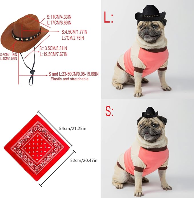 Dog and Cat Cowboy Hat with Bandana Scarf - Mini Pet Costume for Halloween, Holiday, Party Decoration (Brown, Small)