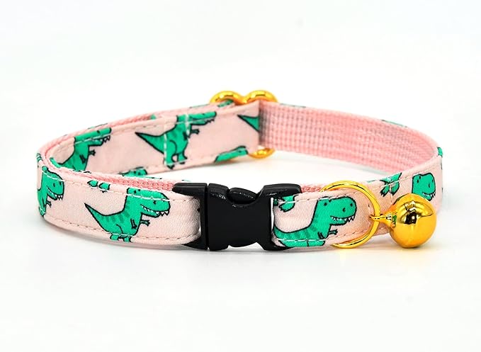 Cat Collar Bow Set, Green Dinosaur Pink Background, Wedding/Birthday Breakaway Collar Bowtie for Kitten/Cat