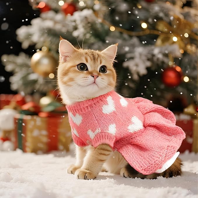 Dog Sweaters Heart Knitted Sweaters Dress Winter Coat Puppy Warm Holiday Clothes for Small Dogs Cats Christmas New Year Valentine's Day （Small, Pink）