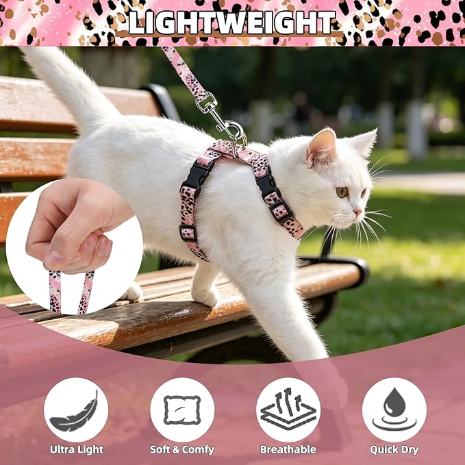 PUPTECK Adjustable Cat Harness and Leash Set Escape Proof Kitten Strap Collar for Walking Travel, Leopard Print