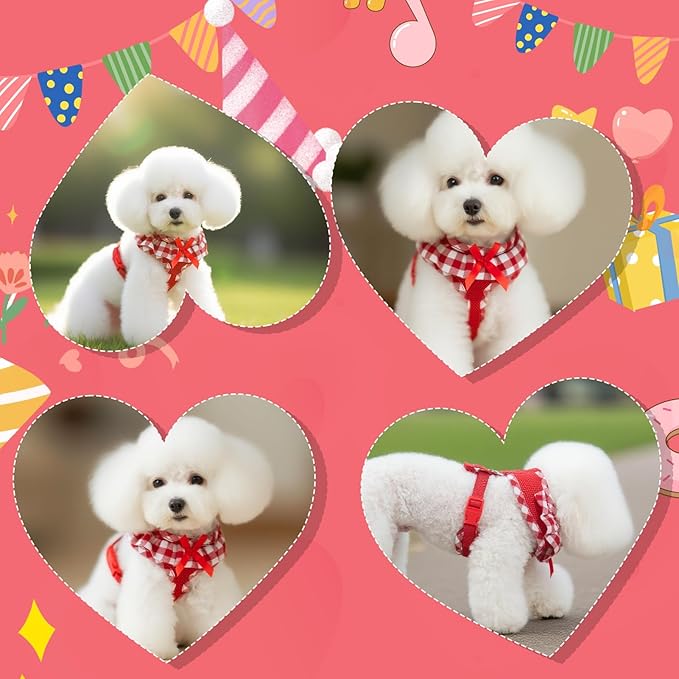 EXPAWLORER Cute Dog Harness Collar Leash Set - Red Girl Dog Harness Checkered Step-in Design, Detachable Bow Pet Collar, Adjustable No-Choke Lightweight Mesh Vest for Small Medium Dogs, M