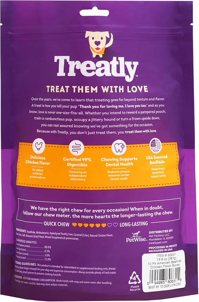 American Sourced Beefhide Bones 4-5" Dog Chew Treats - Chicken Flavor, 10 Count/1 Pack