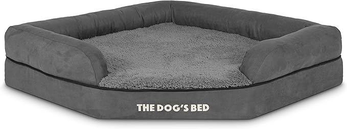 The Dog’s Bed Orthopedic Memory Foam Corner Dog Bed, Calming Surface – CertiPUR-Certified Foam, Plush Fabric, Grey Plush, Large