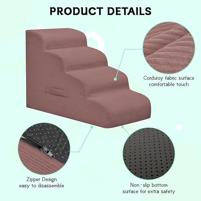 Mesa Lemon Dog Steps for Small Dogs, 3-Step Pet Ramp Stairs for High Beds and Sofa, Non-Slip Pet Stairs for Small Dogs and Cats, Removable and Easy to Clean Cover, Pink