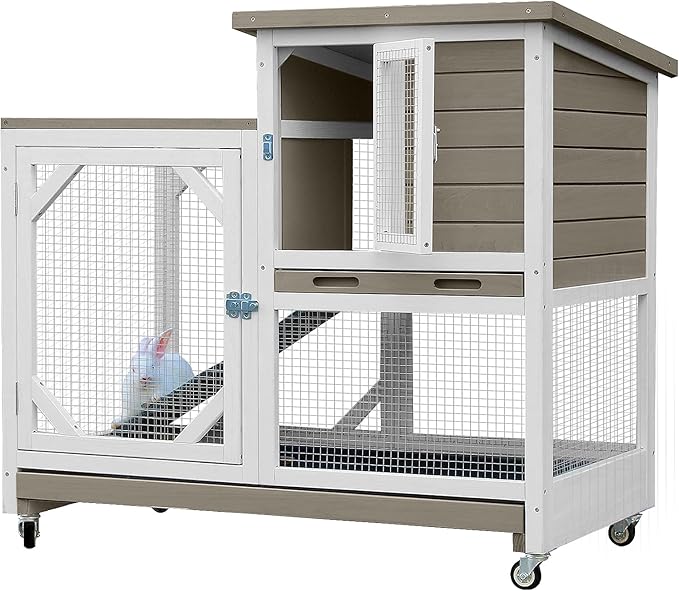 Indoor Rabbit Hutch Large Rabbit Cage, Outdoor Bunny Hutch Guinea Pig Cage - 4 Casters Include (Mocca Color Without Bottom Wire Mesh)